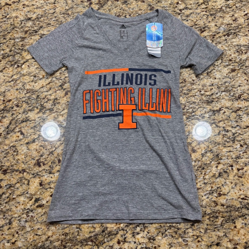 NEW Adidas Illinois Fighting Illini V-Neck T-Shirt Womens S Gray Short Sleeve ws